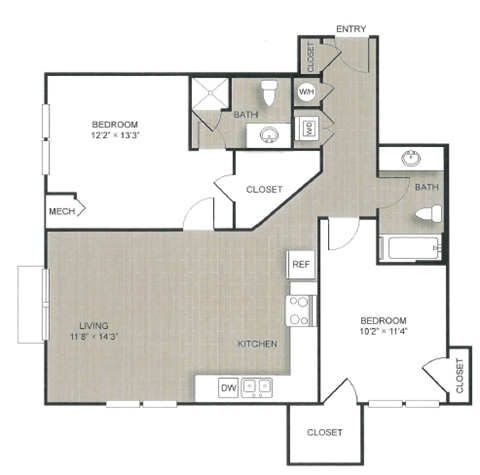 Floor plan for 2 beds, 2 baths, 1033 sqft